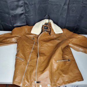 Forever 21 Men Caramel Brown Faux Leather Bomber Jacket Sherpa Collar L